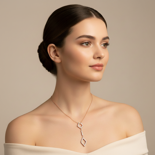 Diamond Geometric Drop Pendant Necklace With Cable Chain & Lobster Clasp In Rose Gold | Adjustable Length | Jebij - Two
