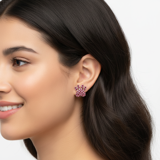 Red Crystal Paw Print Stud Earrings With Screw Back - Two