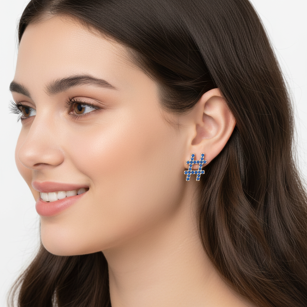 Blue Crystal Hashtag Symbol Stud Earrings - Two