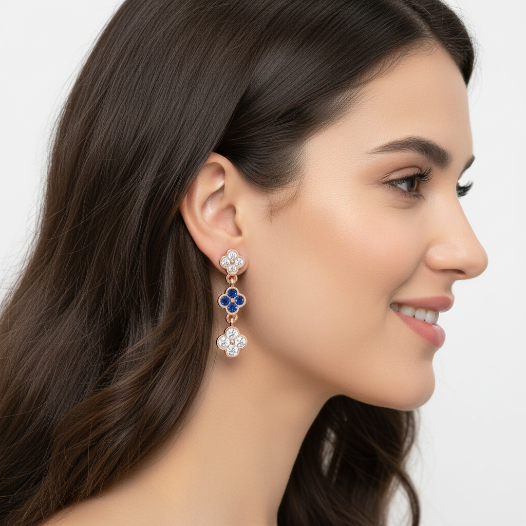 Rose Gold Diamond And Blue Gemstone Clover Drop Earrings - Two