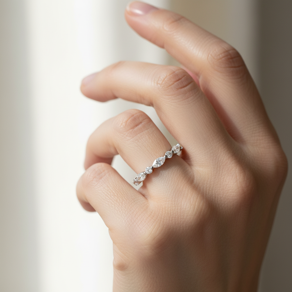 Alternating Oval and Round Diamond Stackable Wedding Band in White Gold