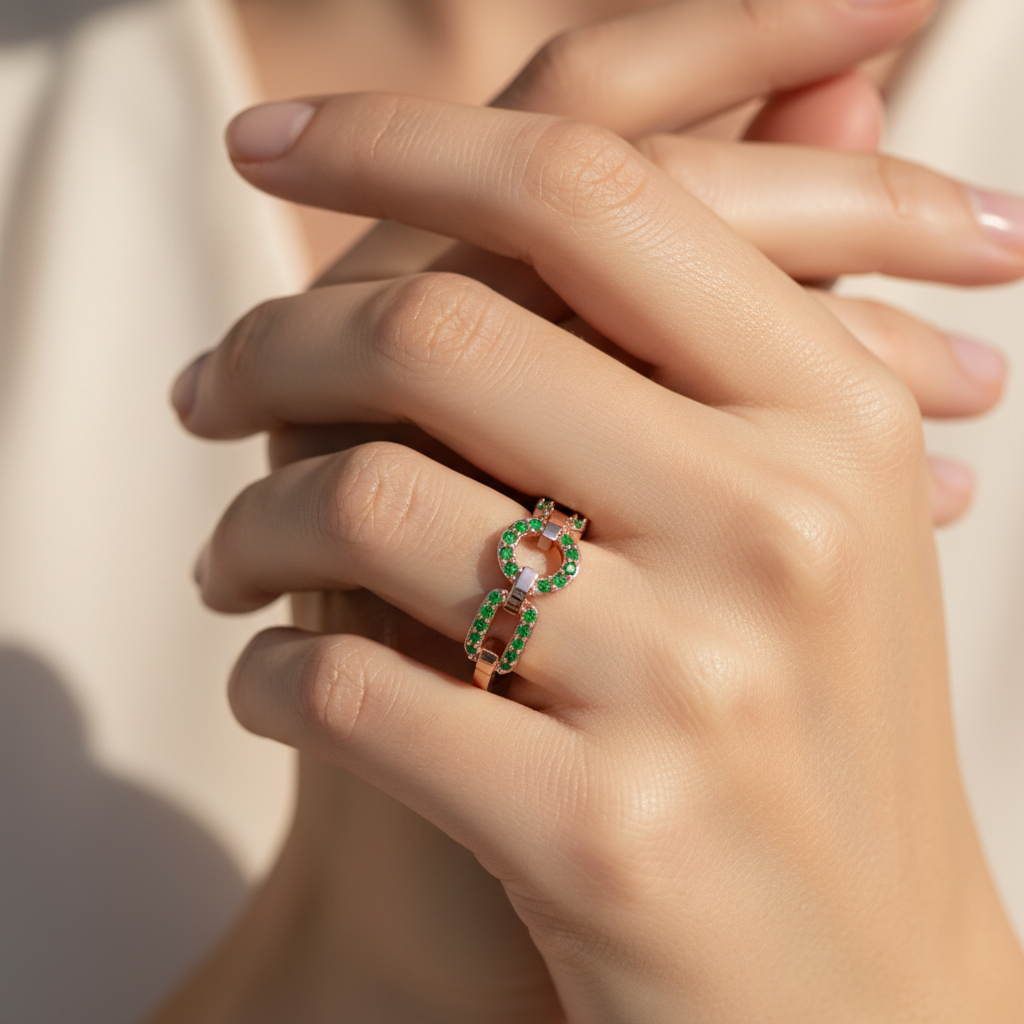 Emerald Circular Link Ring In Rose Gold | Double Pave Interlocking Chain Luxury Statement Ring For Women | Jebij - Two