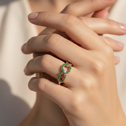 Emerald Circular Link Ring In Rose Gold | Double Pave Interlocking Chain Luxury Statement Ring For Women | Jebij - Two