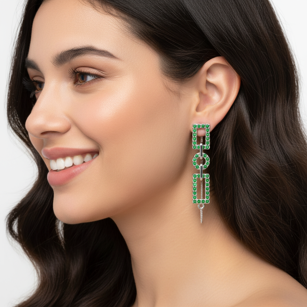 Geometric Green Gemstone Chain Link Drop Earrings - Two