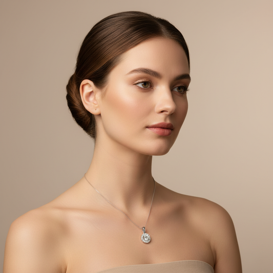 Round Diamond Halo Pendant Necklace in White Gold
