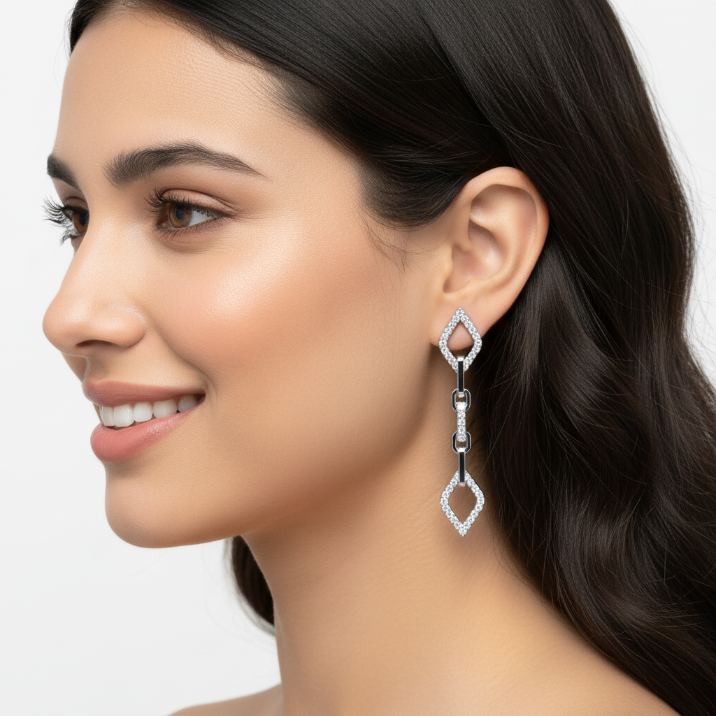 Diamond Chain Link Drop Earrings With Geometric Motif - Two