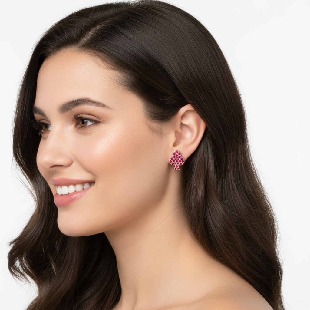 Pink Crystal Clover Stud Earrings With Screw Back Closure - Two