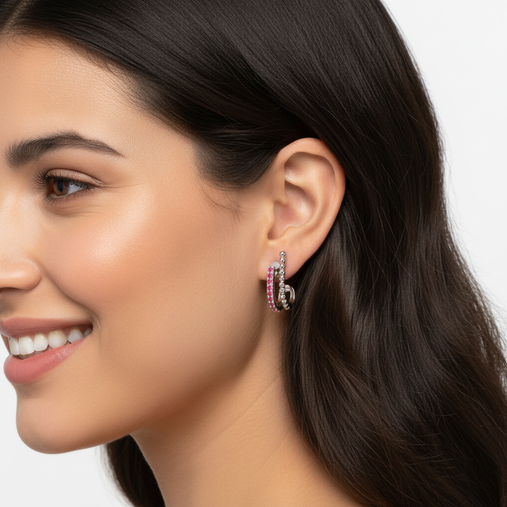 Ruby Beaded Double Hoop Stud Earrings - Two