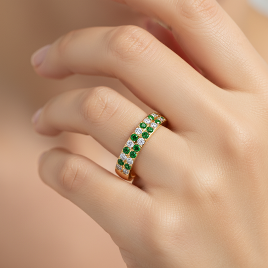 Double Row Emerald and Diamond Eternity Band Ring