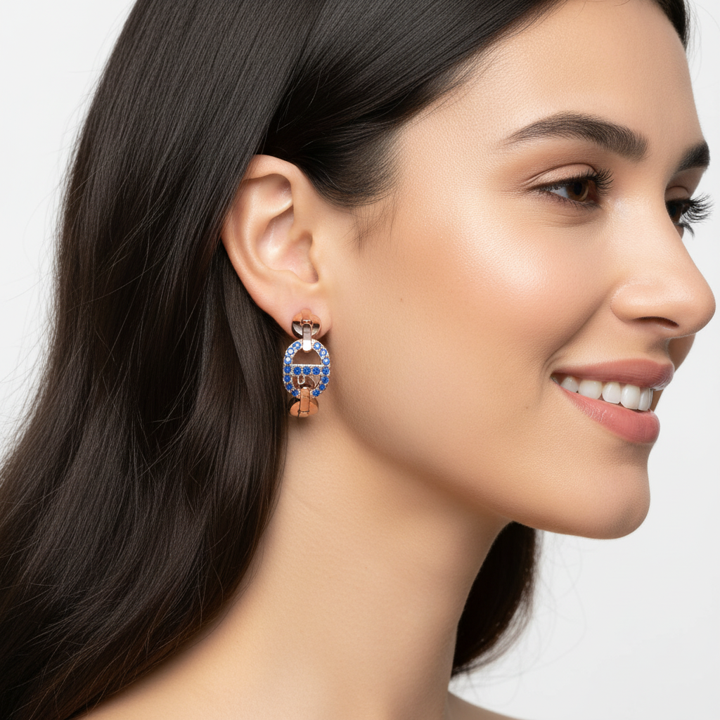 Blue Lab-Grown Gemstone Hoop Earrings In Gold Finish – Modern Oval Link Huggie Design - Two