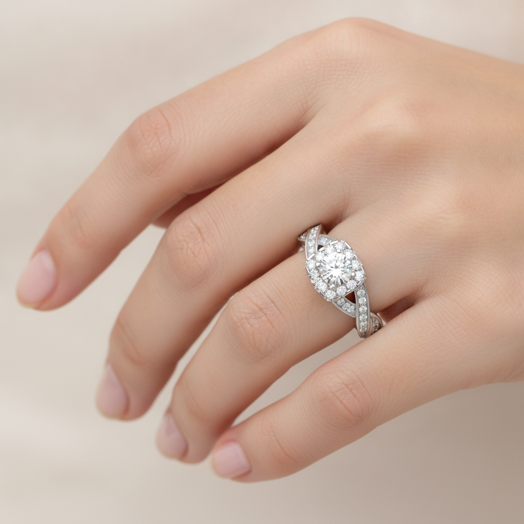Delicate Halo Ring In 925 Sterling Silver - Fourteen
