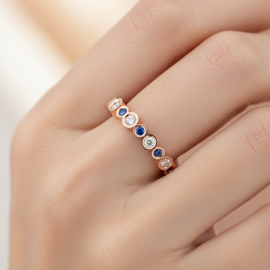Bezel Set Blue Sapphire and Diamond Stackable Band Ring