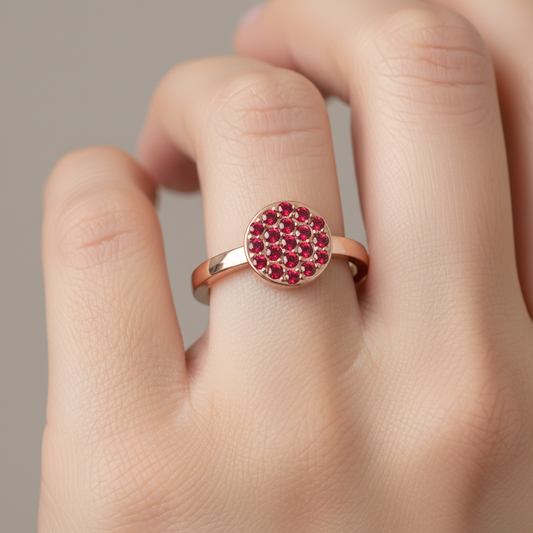 Red Garnet Pav Cluster Ring Rose Tone Stackable Band