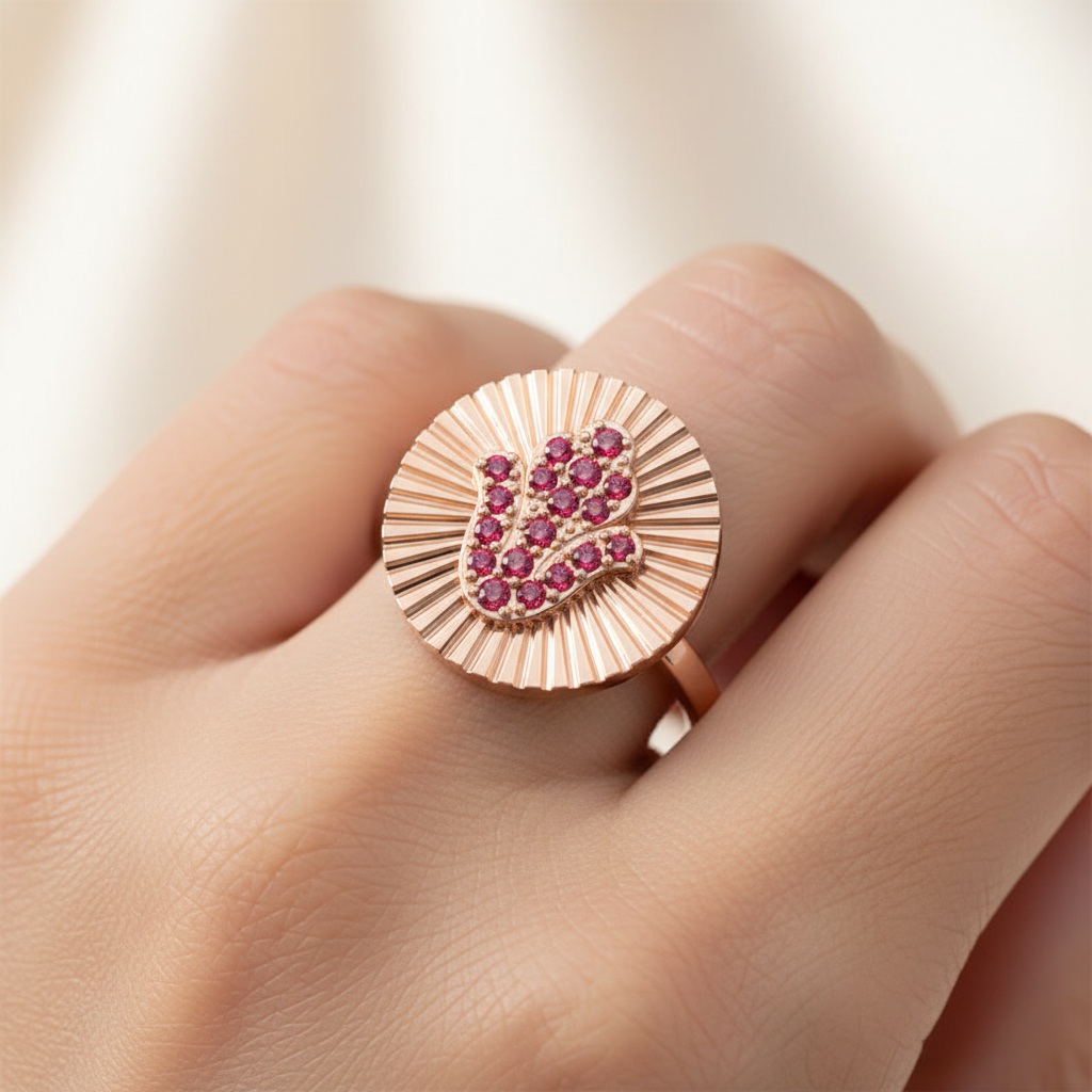 Ruby Hamsa Hand Disc Ring With Sunburst Detail - Two