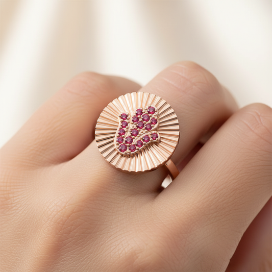 Ruby Hamsa Hand Disc Ring With Sunburst Detail - Two