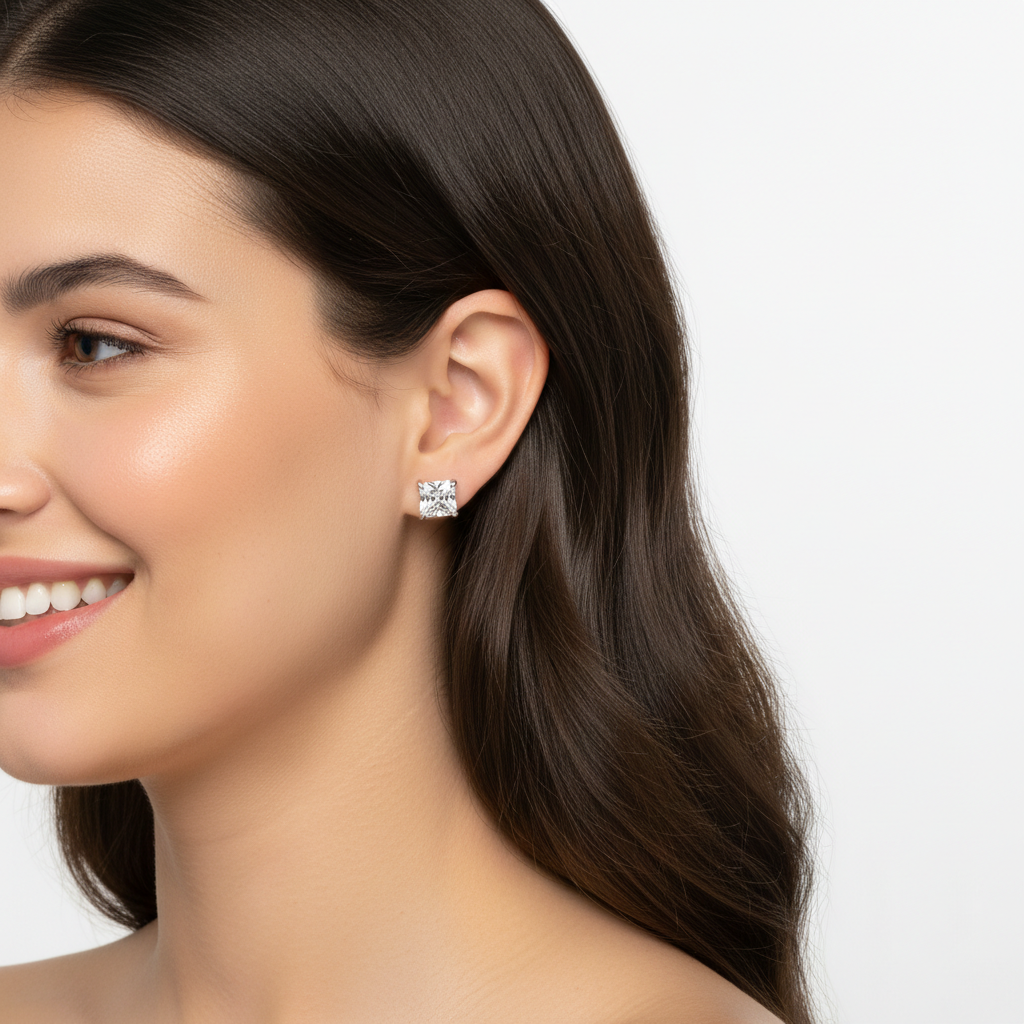 Princess Cut Diamond Stud Earrings In White Gold - Two