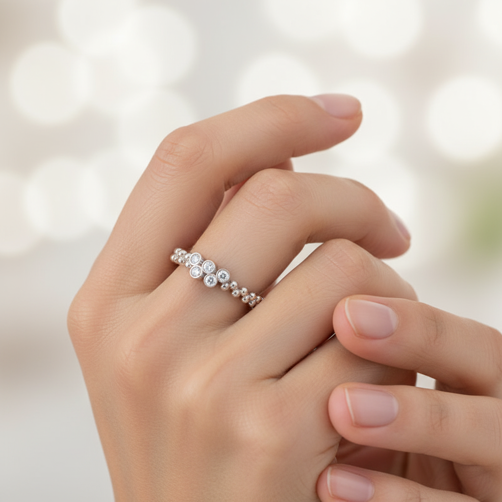 Beaded Diamond Cluster Stackable Ring With Bezel Setting - Two