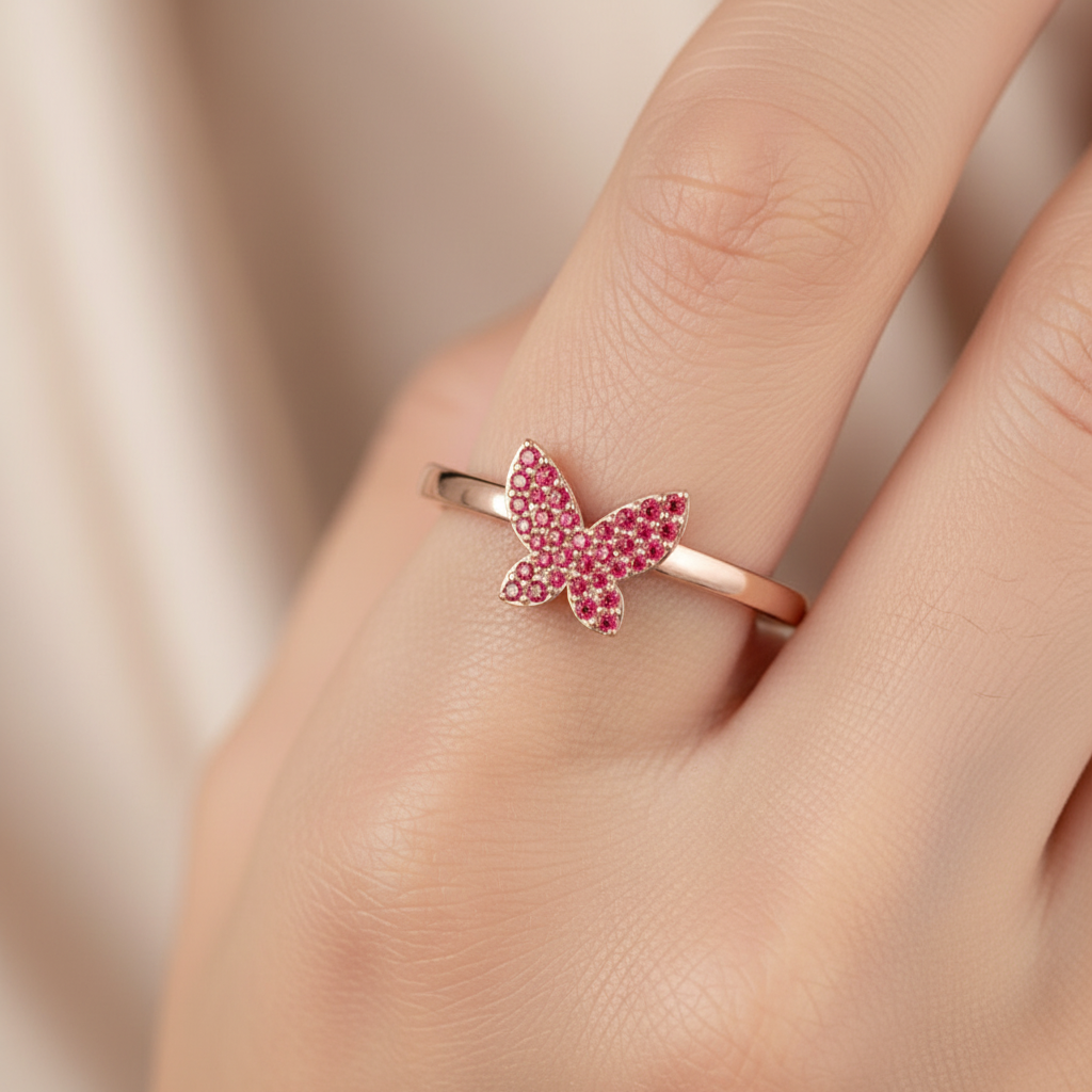 Ruby Butterfly Pav Ring In Rose Tone Finish - Two