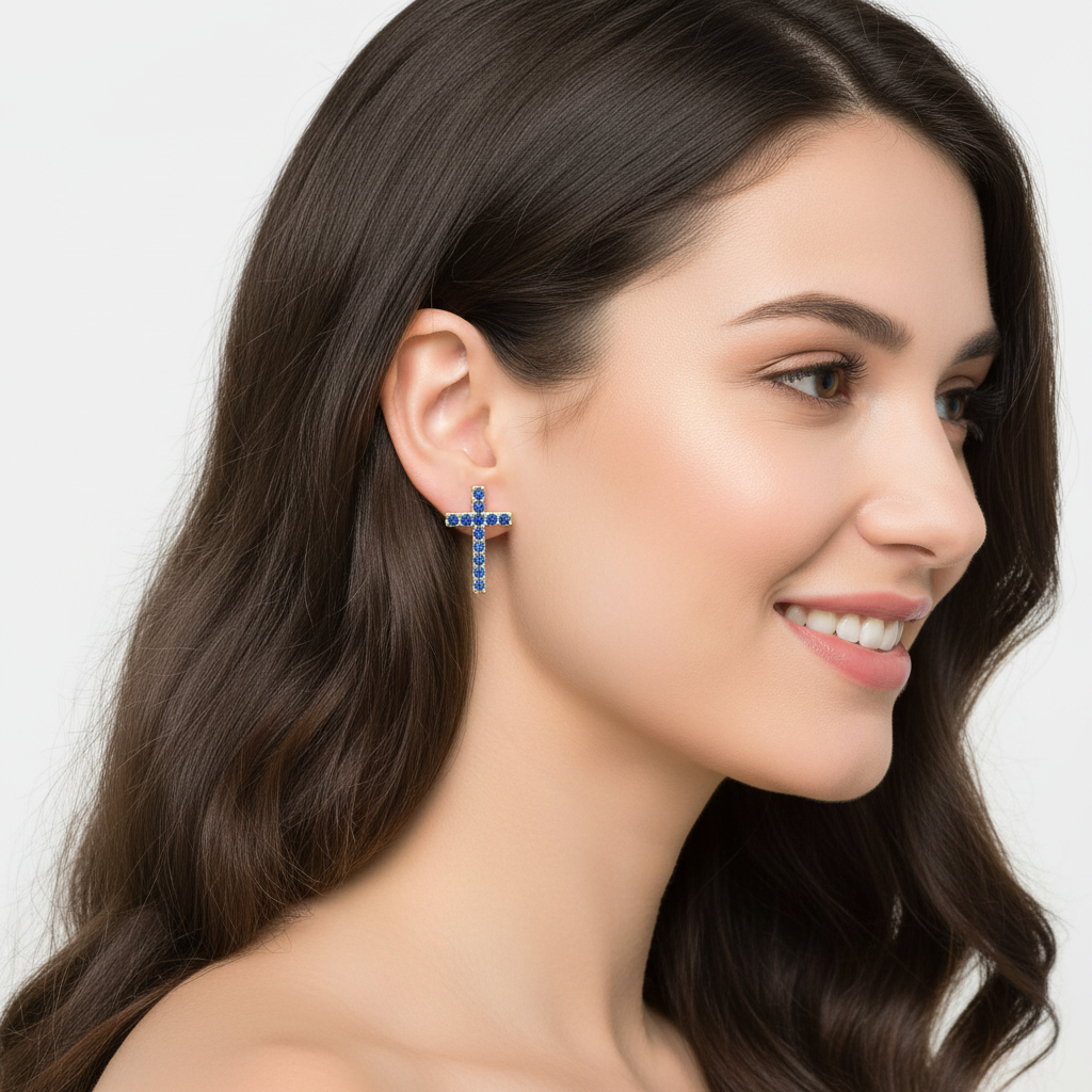 Blue Sapphire Cross Stud Earrings With Screw Back Closure - Two