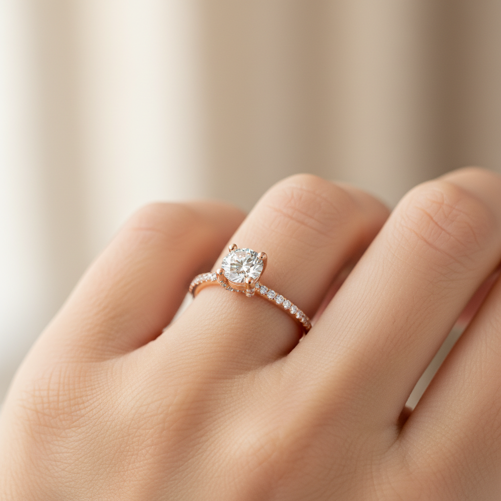 Rose Gold Hidden Halo Diamond Engagement Ring With Pav Band - Two
