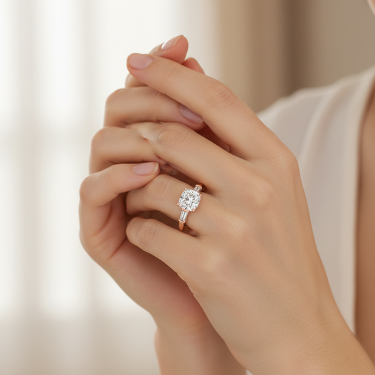 Rose Gold Three Stone Engagement Ring with Baguette Side Diamonds