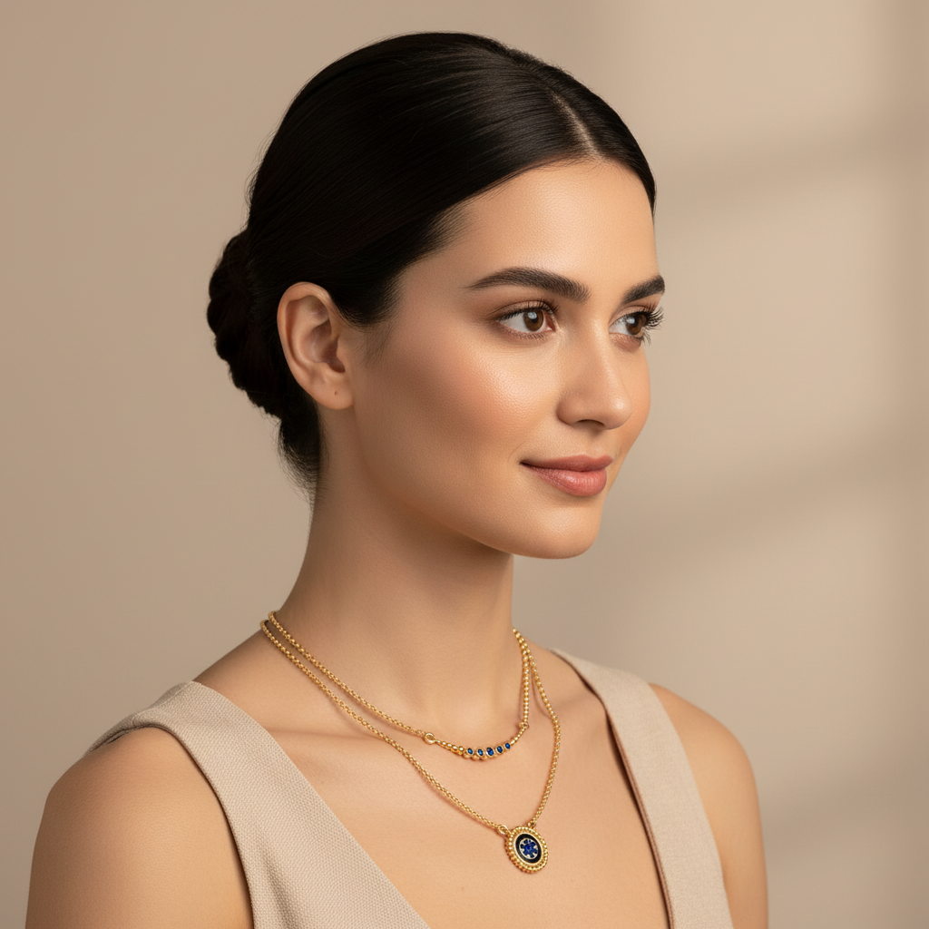 Blue Gemstone Double Layer Pendant Necklace Set - Two