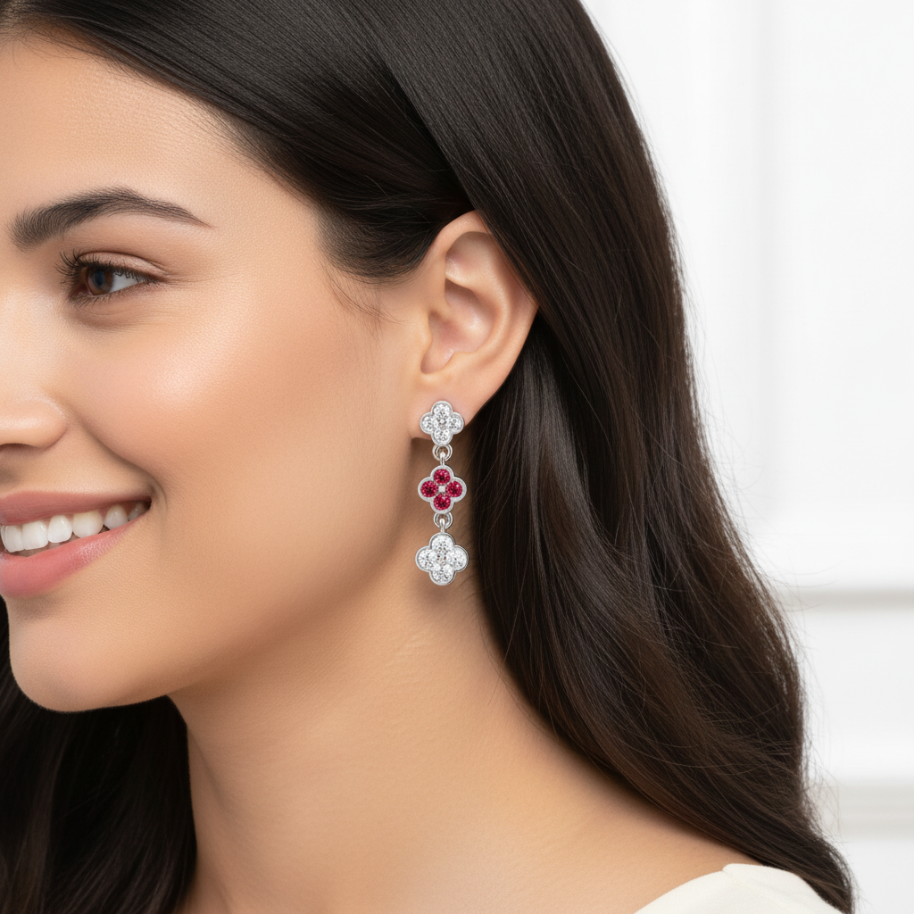 White Gold Diamond And Gemstone Clover Drop Earrings - Two