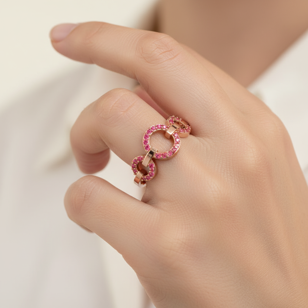 Ruby Multi-Link Circular Ring In Rose Gold | Double Pave Interlocking Chain Romantic Statement Luxury Ring For Women | Jebij - Two