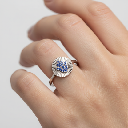 Blue Sapphire Hamsa Hand Disc Ring With Sunburst Design - Two
