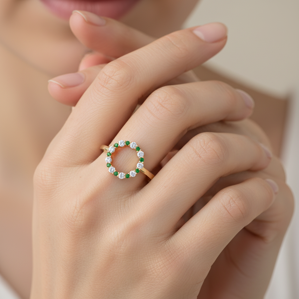 Emerald And Diamond Open Circle Ring - Four
