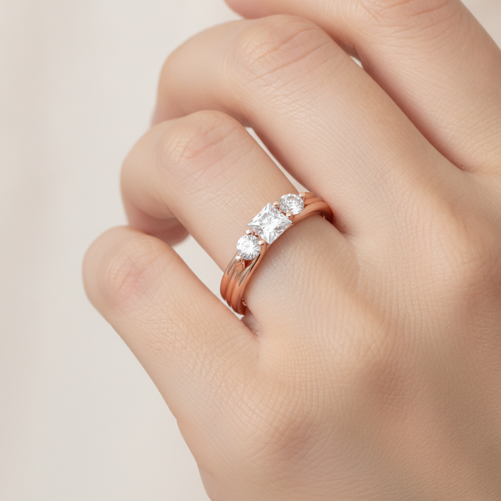 Alluring Diamond Tri Stone Ring In 925 Sterling Silver - Fourteen
