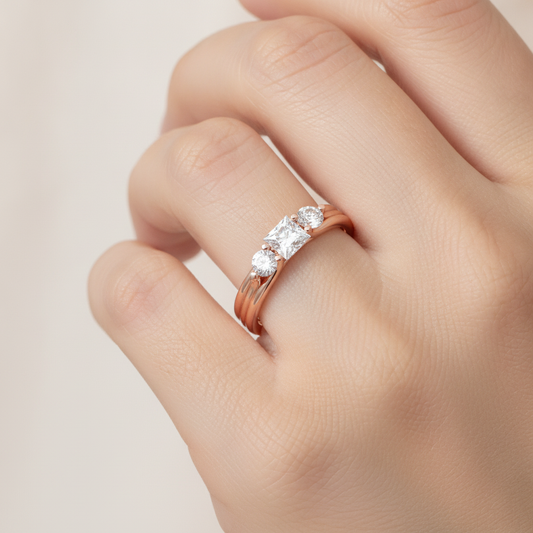 Alluring Diamond Tri Stone Ring In 925 Sterling Silver - Fourteen