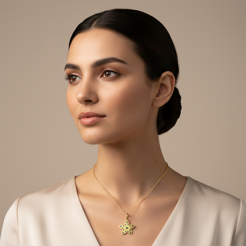 Minimalist Floral Pendant Necklace Green Stones In Yellow Gold - Two