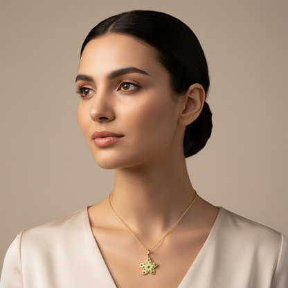 Minimalist Floral Pendant Necklace Green Stones In Yellow Gold - Two