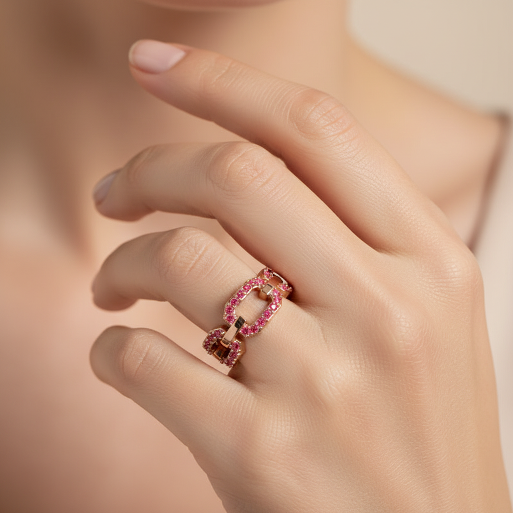 Ruby Chain Link Ring In Rose Gold | Double Pave Interlocking Statement Luxury Ring For Women | Jebij - Two
