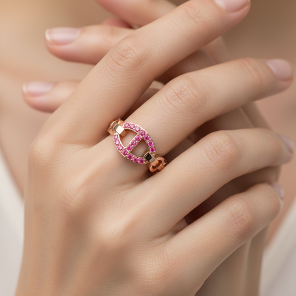 Ruby Oval Ring (Lab-Grown) | Rose Gold Chain Link Vertical Bar Design | Jebij - Two