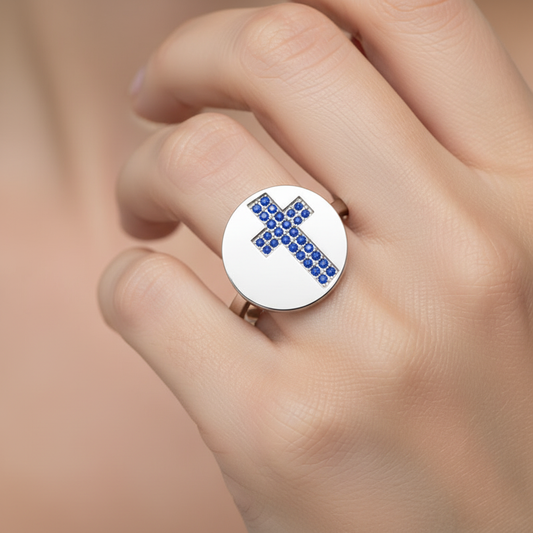 Blue Sapphire Cross Disc Signet Ring - Two