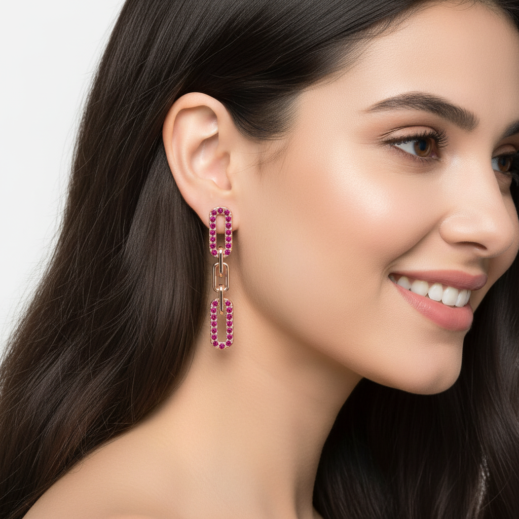 Pink Gemstone Chain Link Drop Earrings - Two