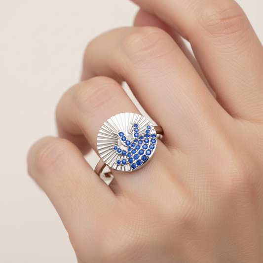 Blue Sapphire Wave Ring With Textured Sunburst Design - Two