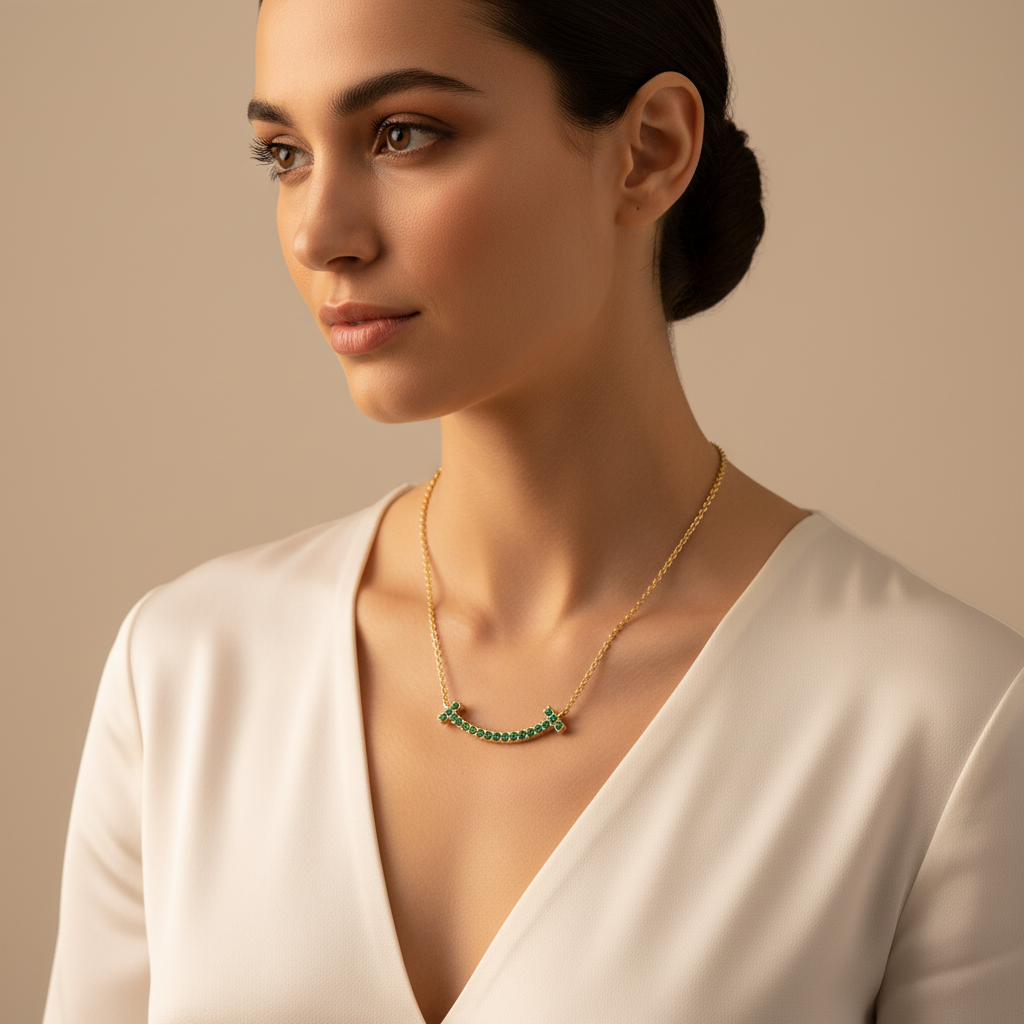 Emerald Curved Smile Bar Pendant Necklace - Two