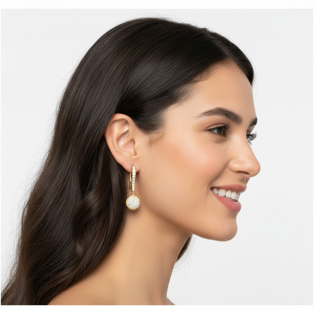 Pav Disc Drop Earrings With Beaded Halo Border - Two