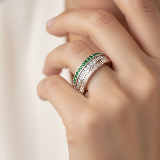 Gold Emerald Diamond Multi-Row Band Ring – Textured Statement Luxury Ring | Jebij - Two
