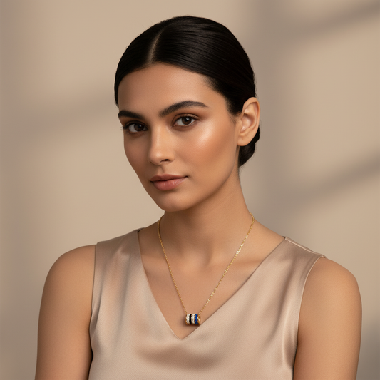 Layered Cylinder Pendant Necklace | Diamond, Blue Sapphire & Black Enamel In White Gold | Jebij - Two