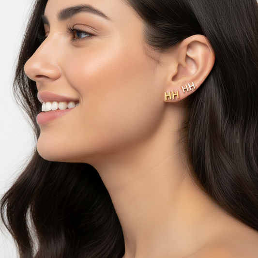 Gold Letter H Initial Stud Earrings with Screw Back