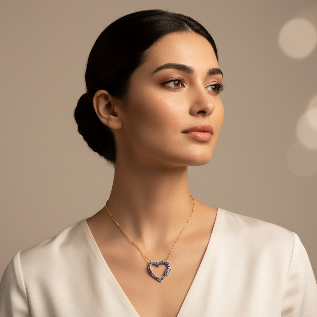 Lab-Grown Blue Sapphire Open Heart Necklace In Rose Gold | Elegant Pave Pendant With Adjustable 16–17 Inch Chain - Two