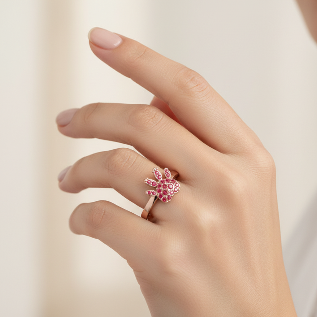 Rose Paw Print Ring With Red Crystals - Two