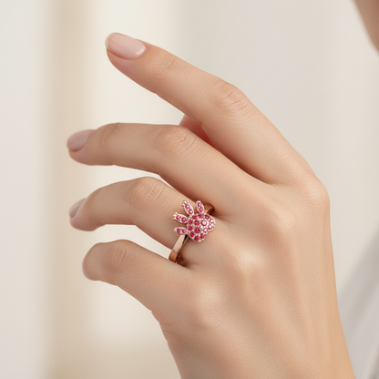 Rose Paw Print Ring With Red Crystals - Two