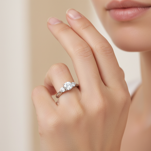 White Gold Three Stone Diamond Engagement Ring with Pear Side Stones