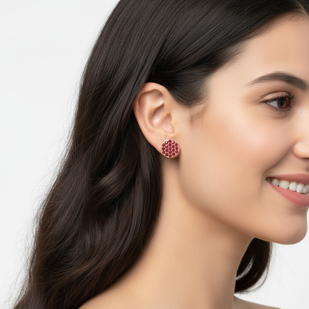 Round Pav Ruby Crystal Stud Earrings With Screw Back - Two