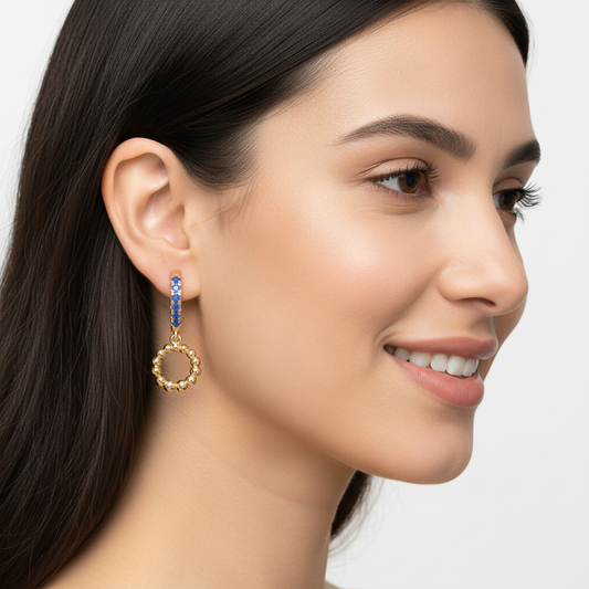 Blue Sapphire Huggie Hoop Earrings with Beaded Circle Drop Charms